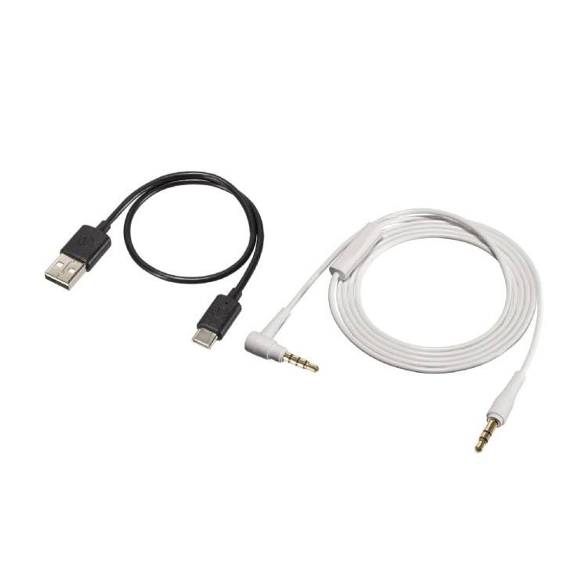 Zwei schwarz-weiße Kabel. Eines ist USB-C, das andere AUX.