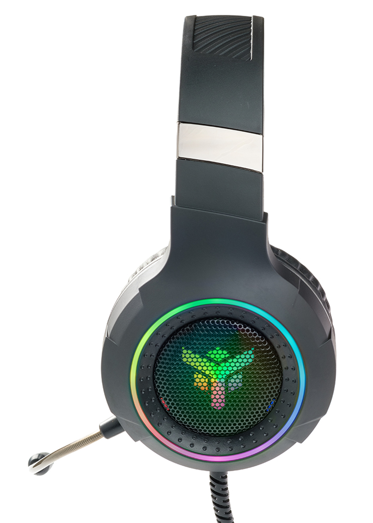 Zwarte gamingheadset met een microfoon en regenboogkleurige lichten rond de oorschelpen. Zilveren accenten op de band.