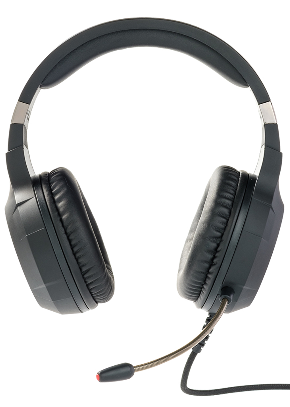 Zwarte gaming headset met een microfoon. Het staat op een witte achtergrond en toont details van het ontwerp.