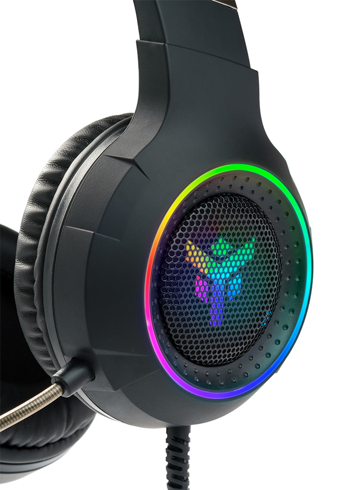 Zwarte gaming headset met een kleurrijk licht rond de oorschelp. De headset heeft een flexibele microfoon.