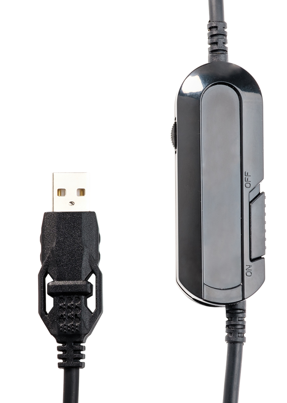 USB-connectorkabel naast een bedieningseenheid met een aan/uit-schakelaar.