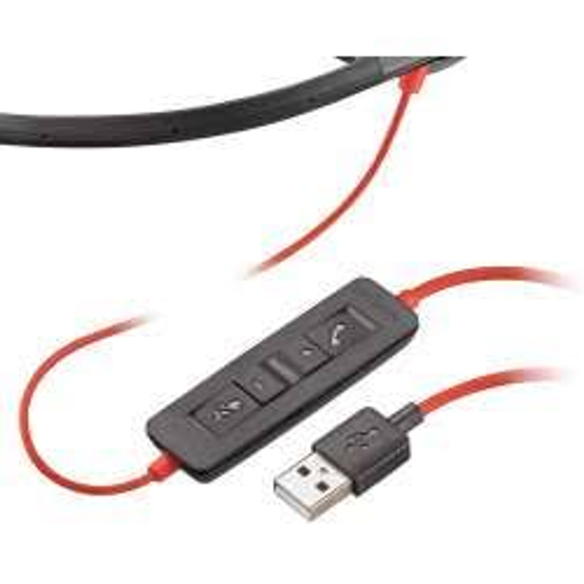 Zwart bedieningspaneel met drie knoppen, rode kabel en USB-connector. Witte achtergrond.