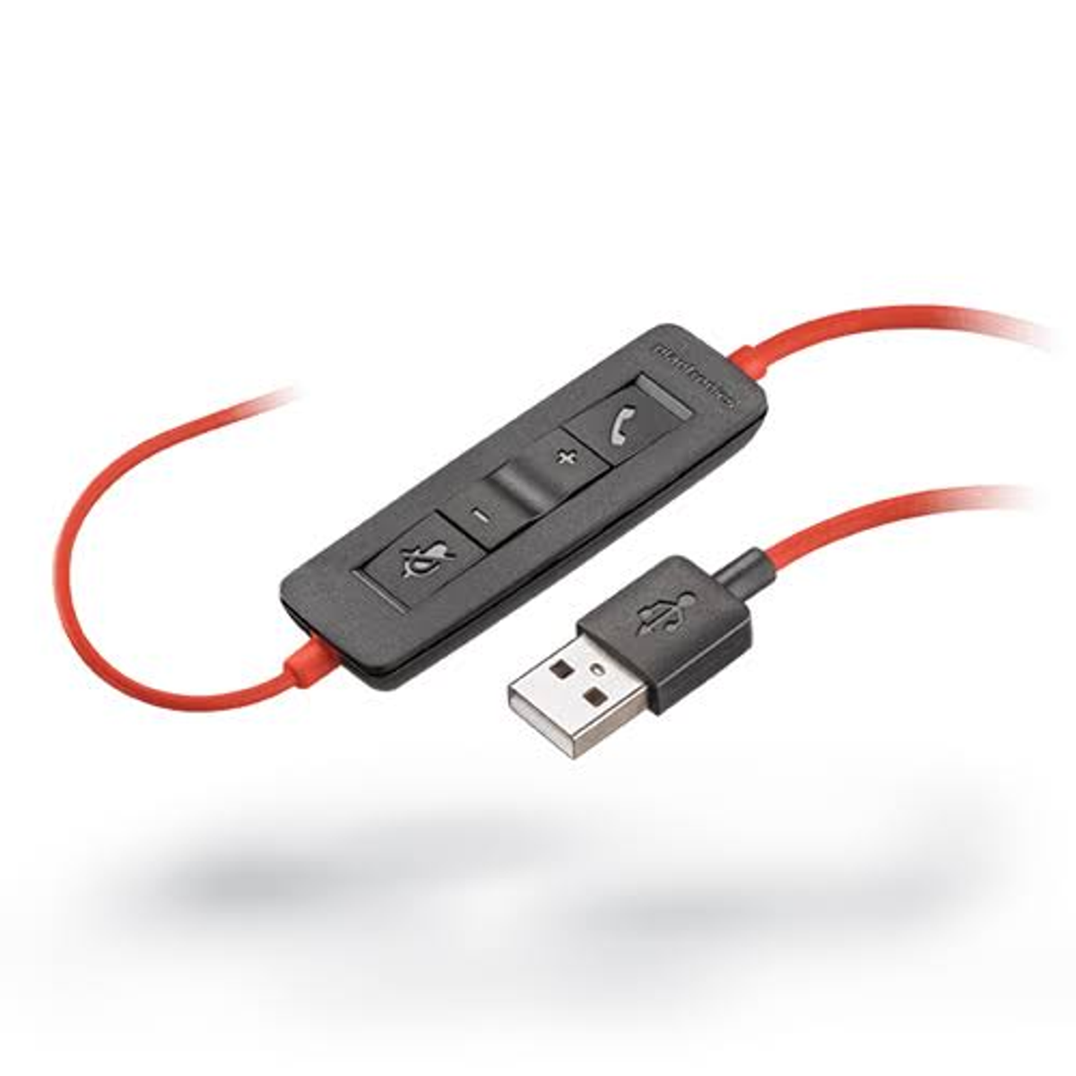 Een zwarte bediening met knoppen en een USB-connector met een rode kabel.