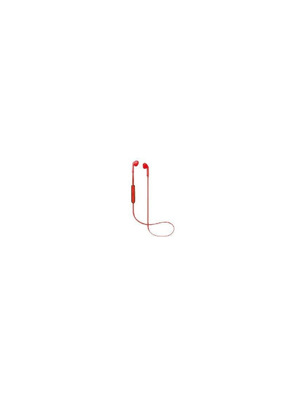Auriculares rojos con cable sobre un fondo blanco. Los auriculares están conectados por un cable delgado.