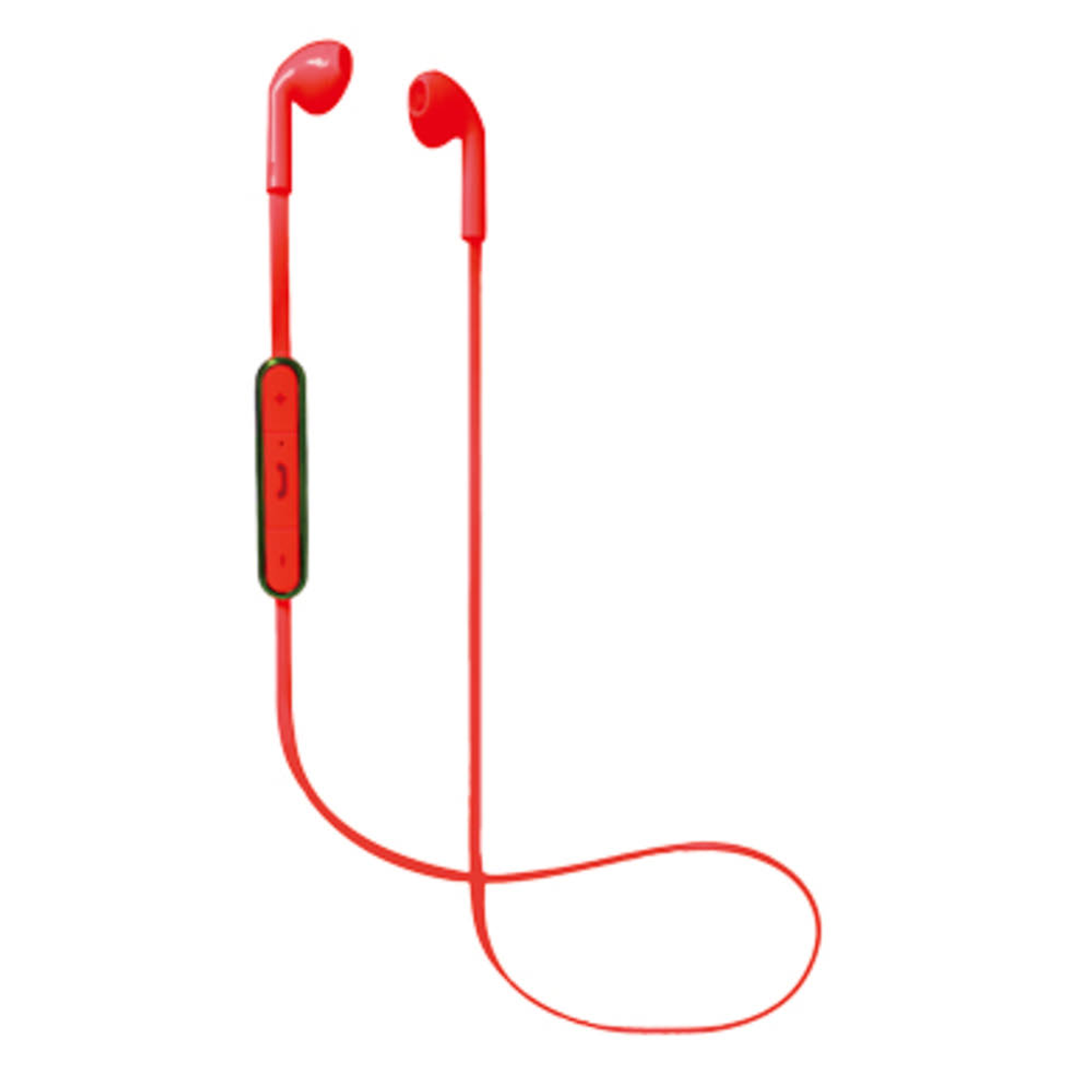 Auriculares rojos con panel de control en el cable. El fondo es blanco liso.
