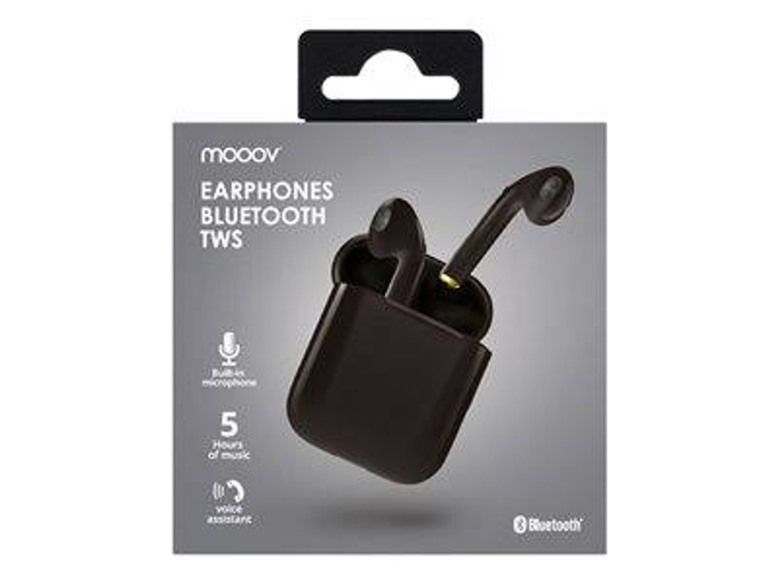 Scatola di auricolari Bluetooth neri, con custodia di ricarica. La scatola mostra gli auricolari in uso.