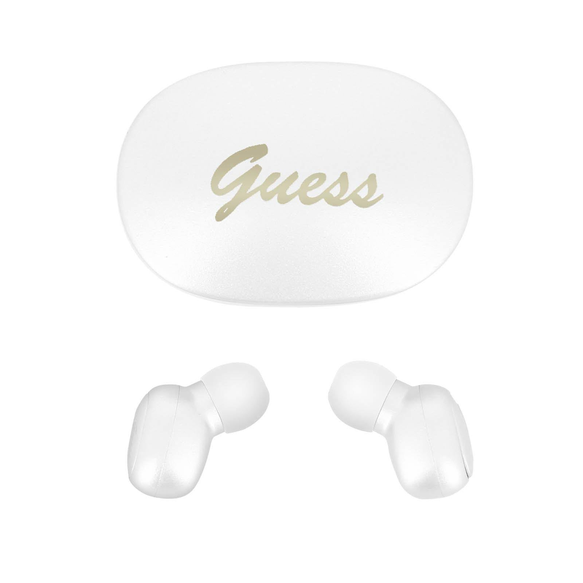 Auricolari bianchi e custodia di ricarica. La custodia dice 'Guess'. Sfondo bianco.