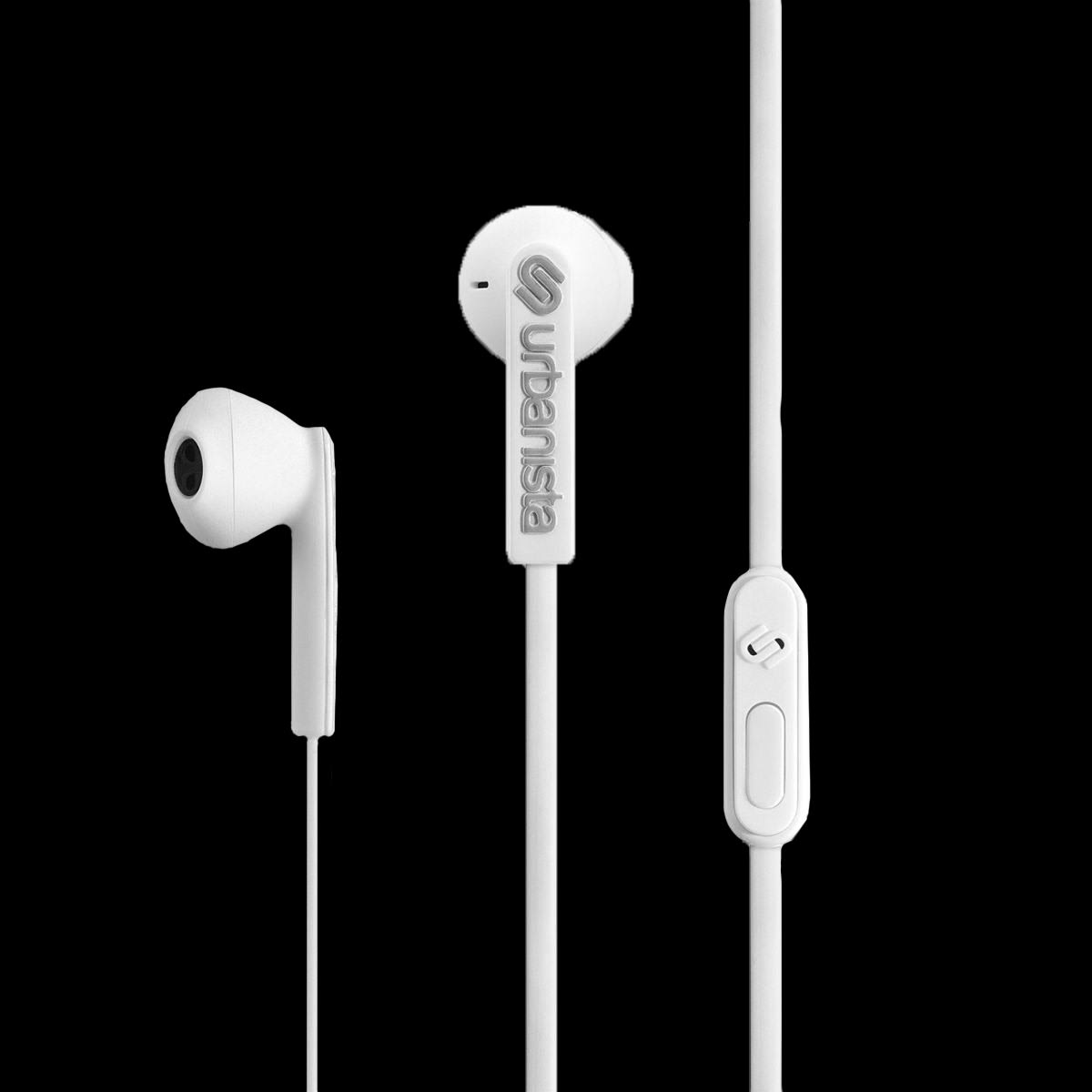 Weiße In-Ear-Kopfhörer mit weißem Kabel. Das Kabel hat eine Steuerung.