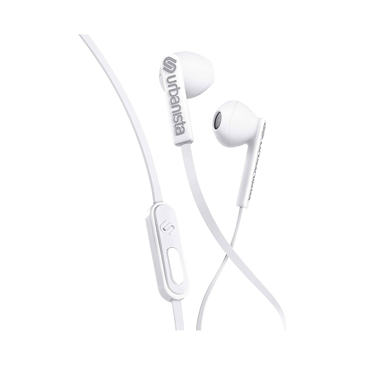 Weiße Ohrhörer mit weißem Kabel, Steuermodul und dem Logo 'urbanista'.