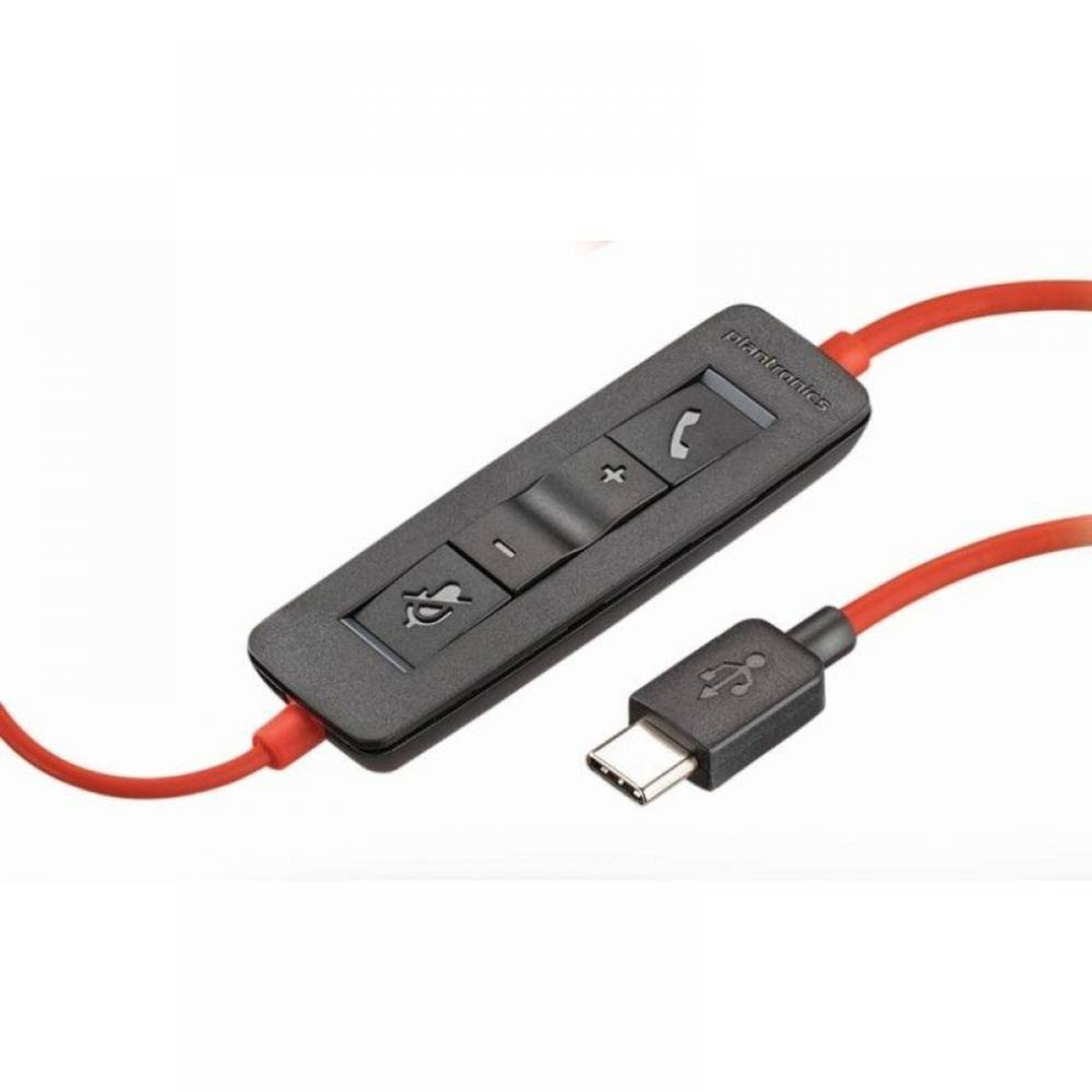 Schwarze Steuereinheit mit Knöpfen und einem USB-C-Anschluss. Es ist mit einem roten Kabel verbunden.