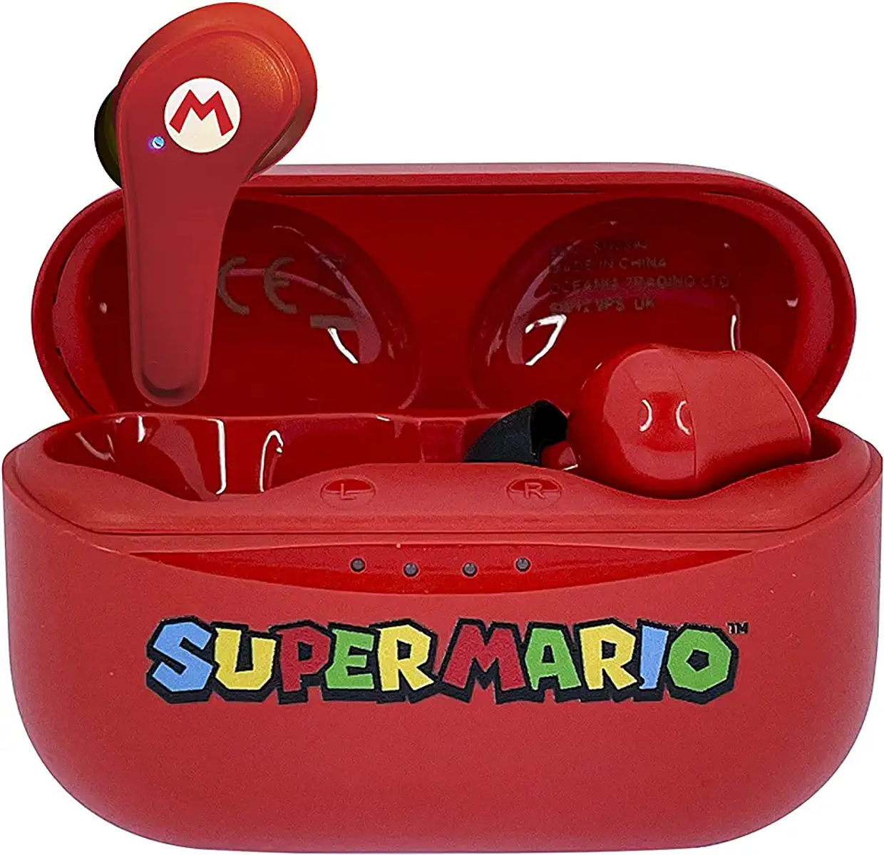 Czerwone bezprzewodowe słuchawki Super Mario w etui ładującym. Na etui napis „Super Mario”.