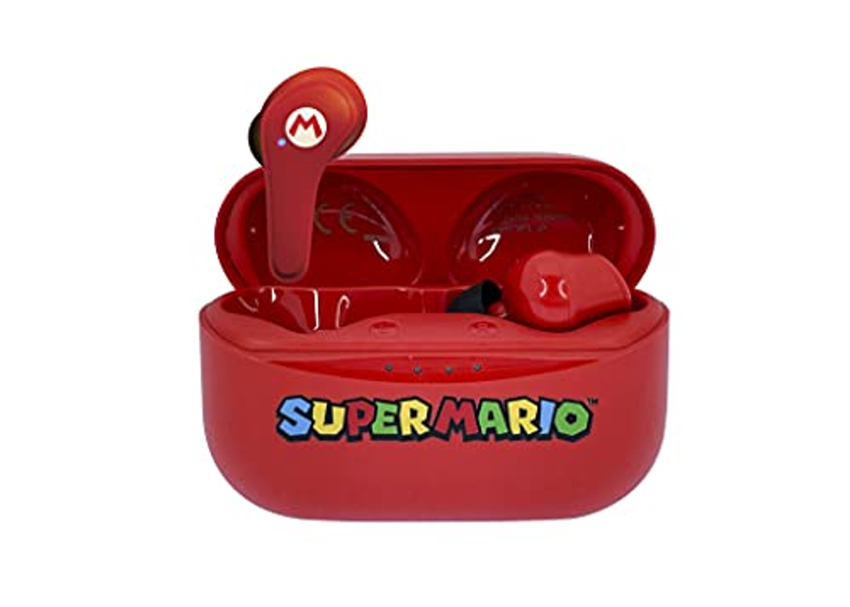 Czerwone słuchawki Super Mario i etui ładujące. Na etui napis 'Super Mario'.