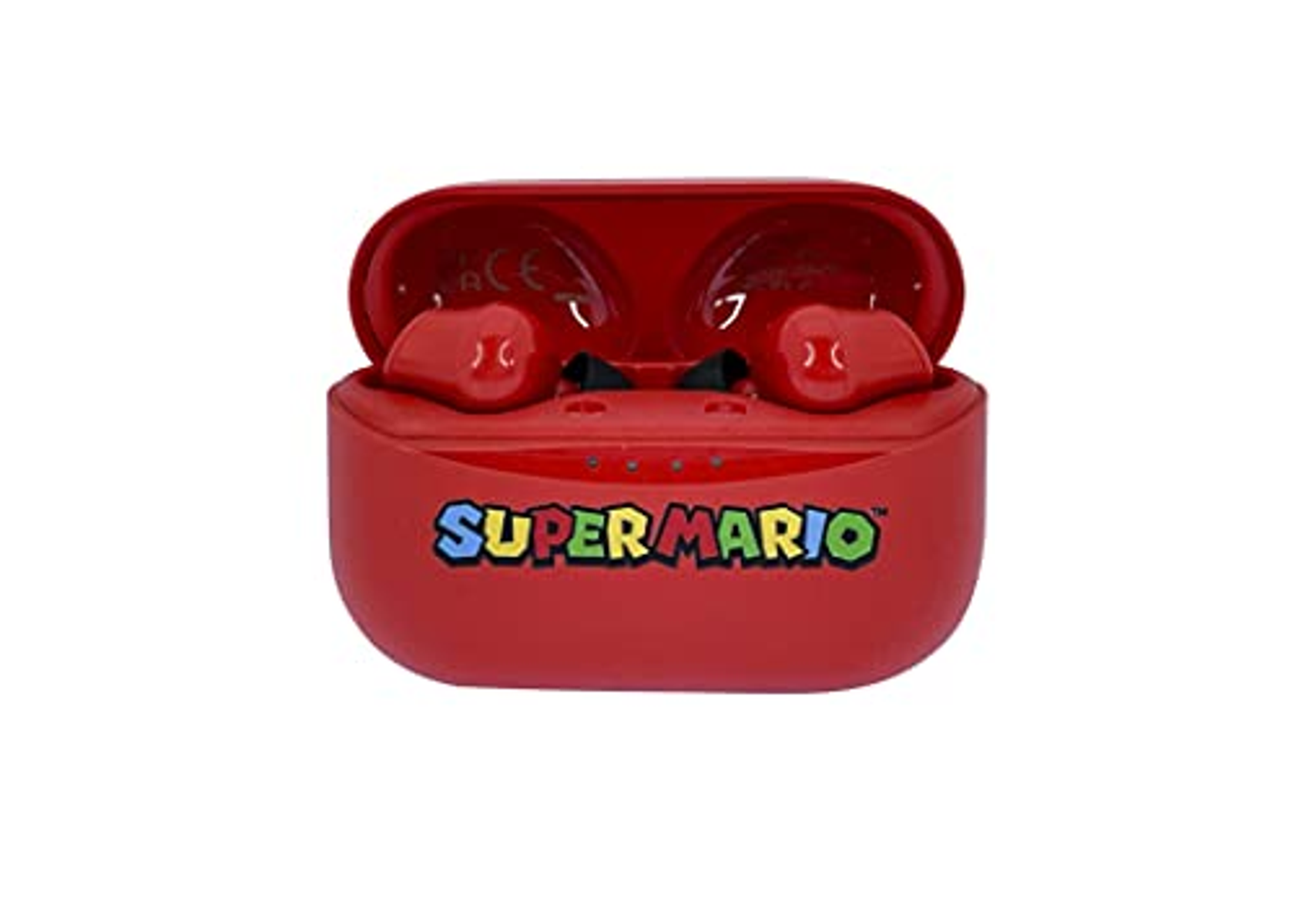 Czerwone słuchawki Super Mario w czerwonym etui ładującym.