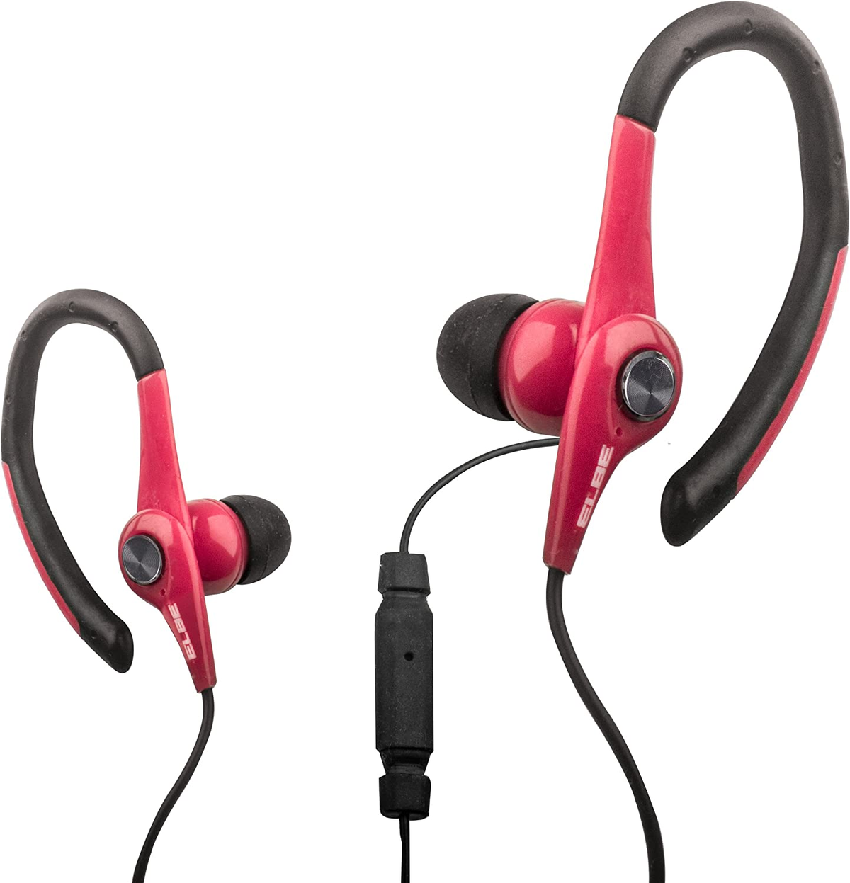 Auriculares deportivos rojos. Tienen ganchos para la oreja y un cable de conexión negro.