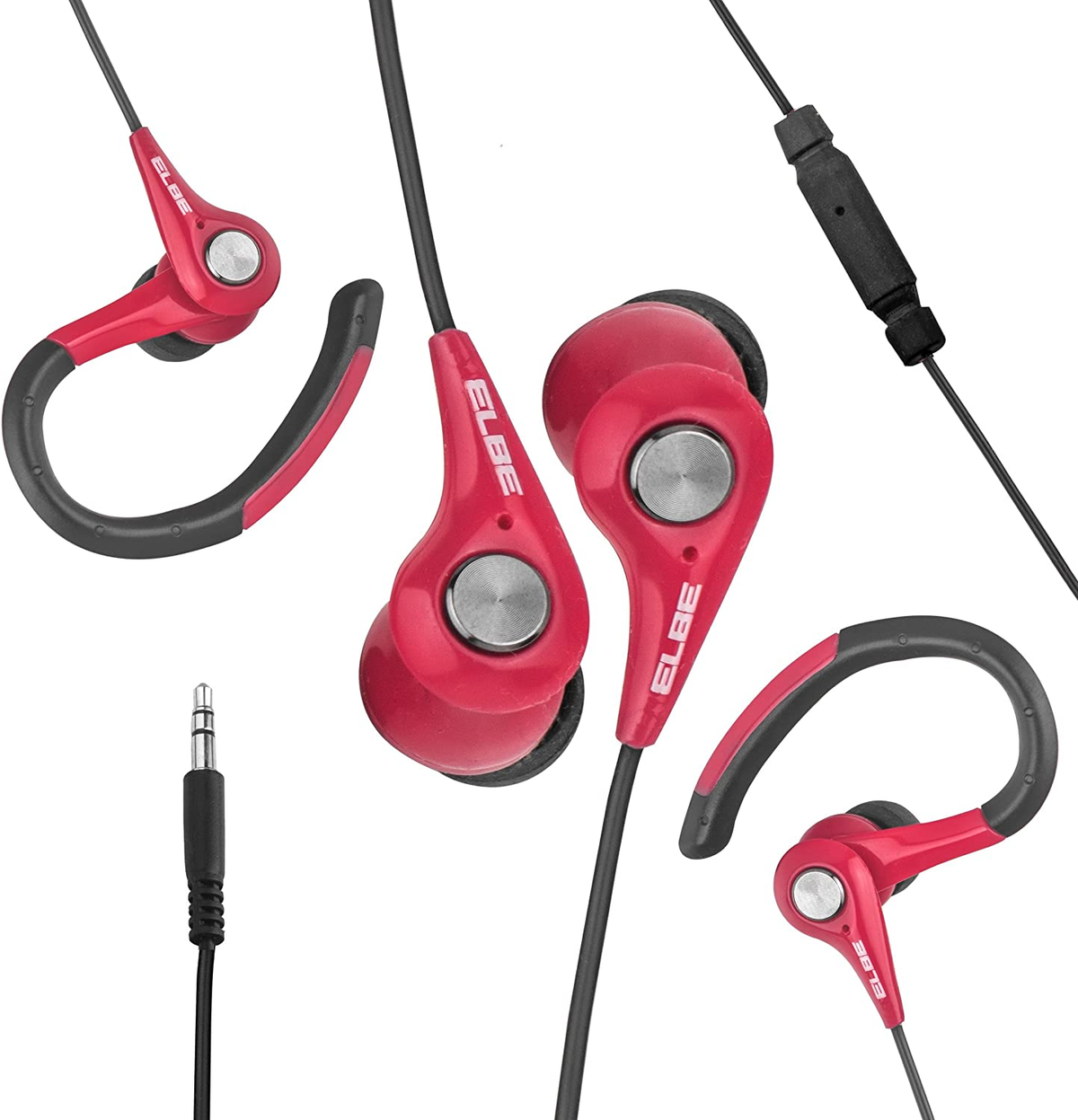 Auriculares ELBE rojos con ganchos para la oreja, un conector jack de 3,5 mm y un control en el cable.