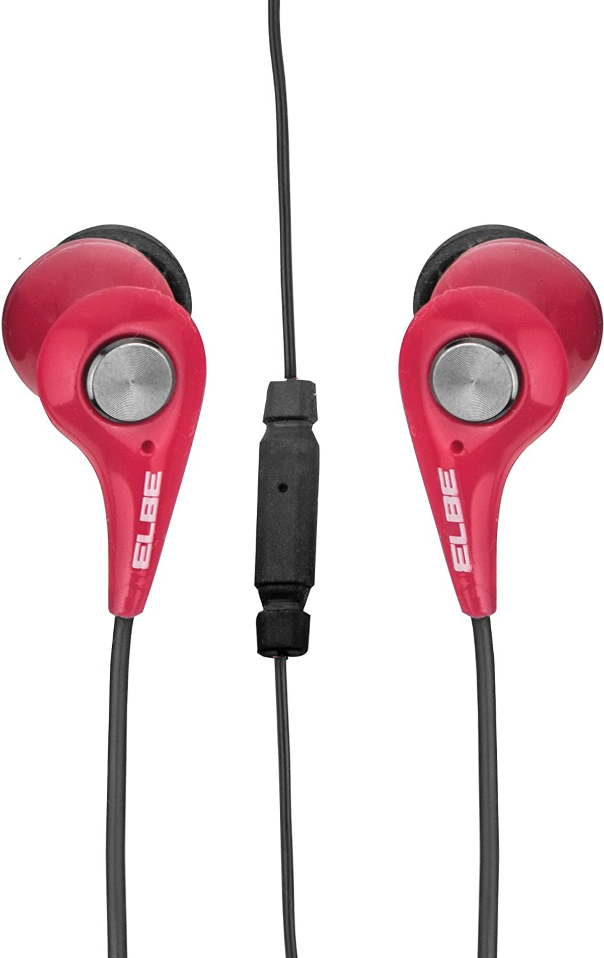 Auriculares rojos con cable negro y control. La marca es ELBE.