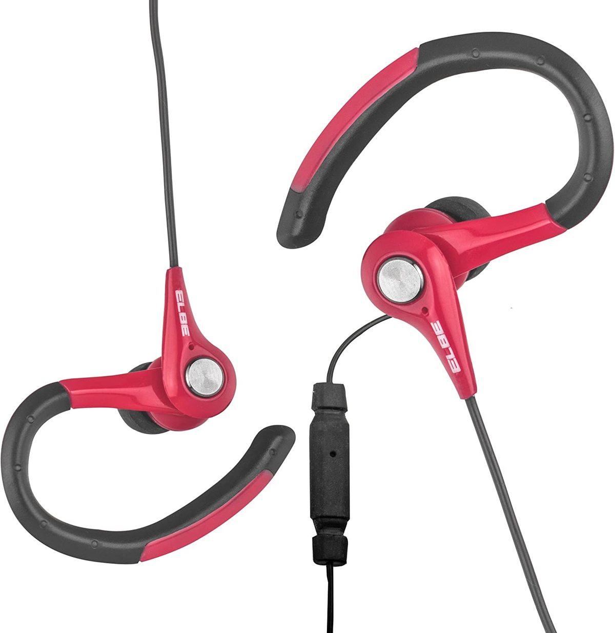 Auriculares deportivos rojos y negros con cable conector y fondo blanco.