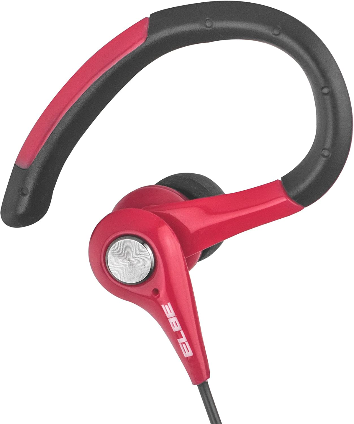 Auriculares de gancho para la oreja rojos y negros, marca ELBE, sobre fondo blanco.