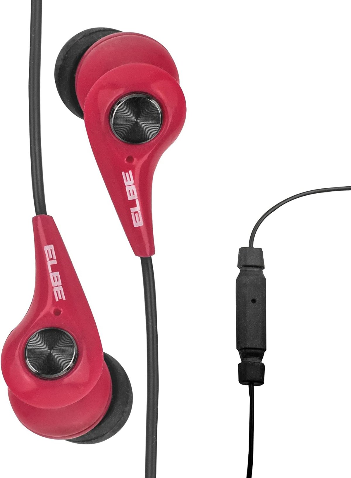 Auriculares rojos con cable negro y un botón de control.
