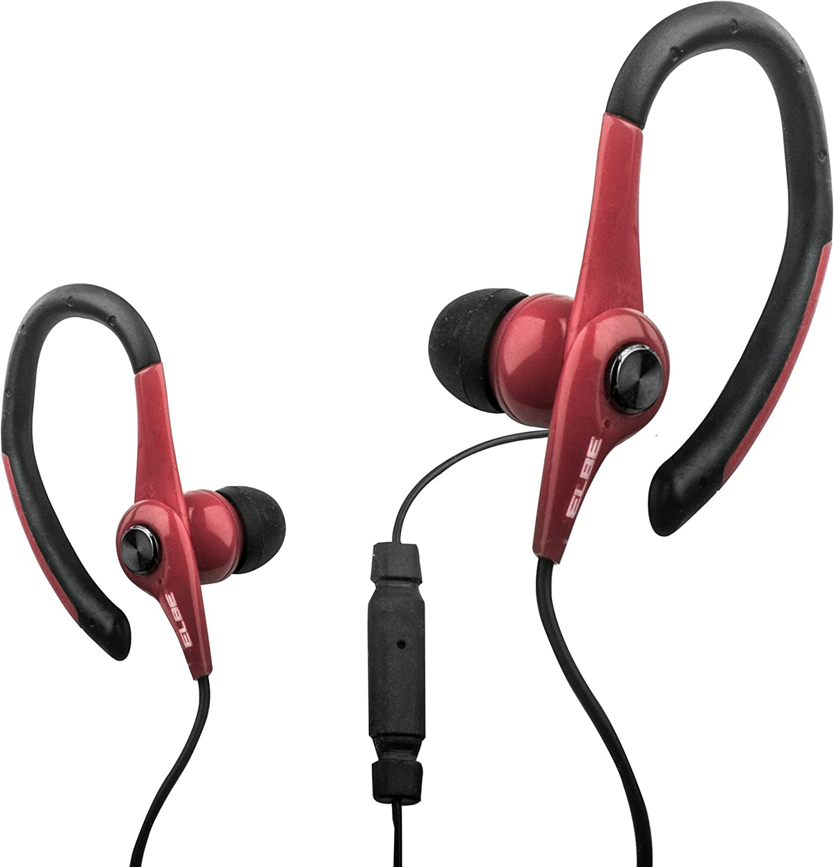 Auriculares deportivos rojos y negros. Ganchos y cable negros. Detalles rojos y logo ELBE.