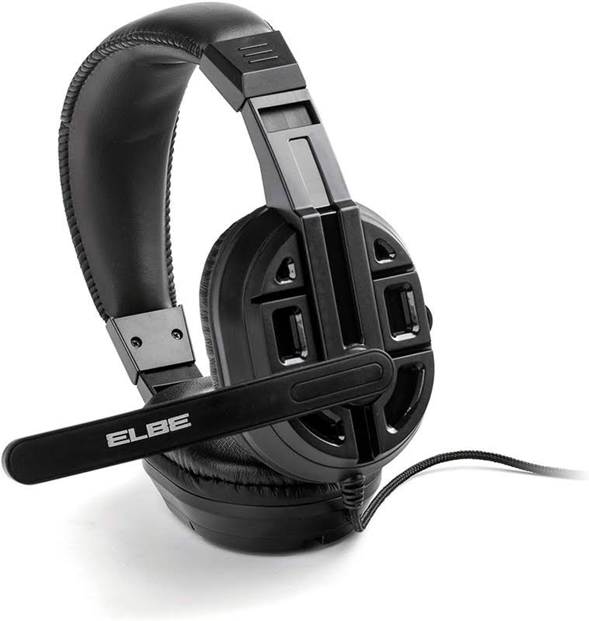 Auriculares negros con micrófono. Logotipo de ELBE. Fondo blanco.