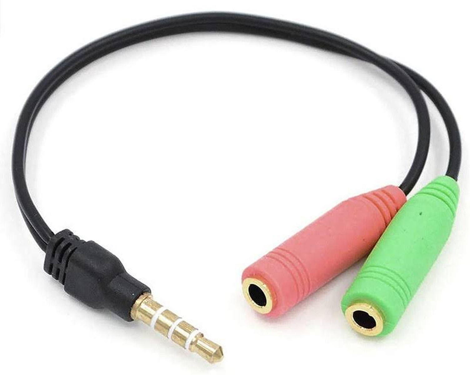 Cable de audio con conector de 3,5 mm y dos puertos hembra, rosa y verde, sobre fondo blanco.