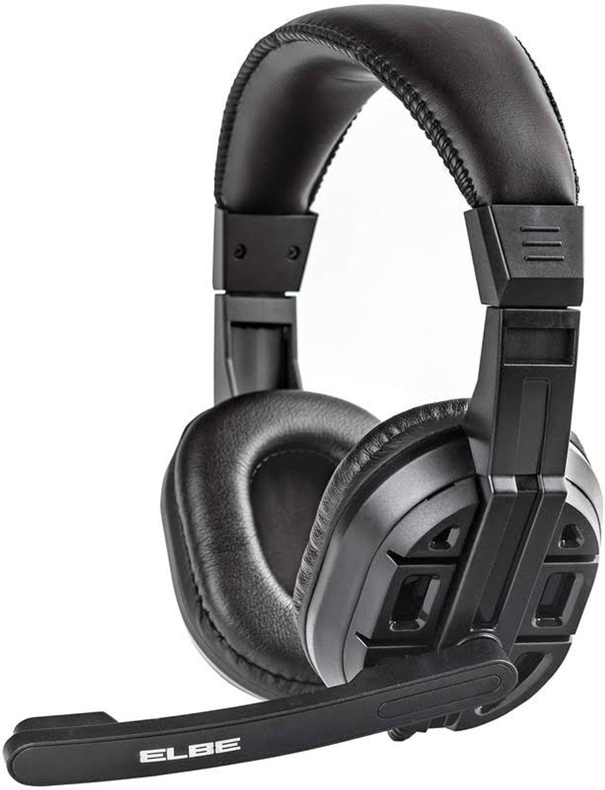 Auriculares para juegos negros con micrófono. Los auriculares se muestran sobre un fondo blanco. La marca es 'ELBE'.