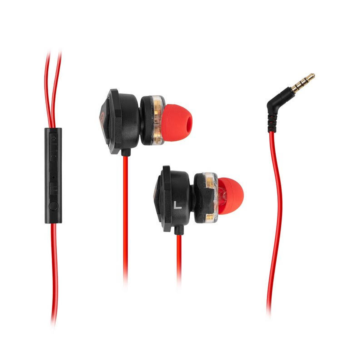 Cuffie in-ear rosse con alloggiamento nero e microfono in linea.