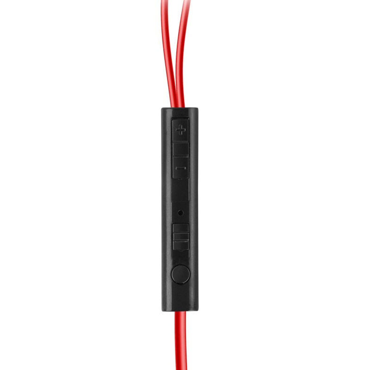 Cavo rosso per cuffie con telecomando in linea e pulsanti neri.