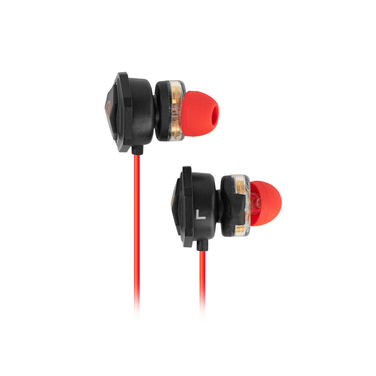 Auricolari rossi con custodie nere e accenti trasparenti.