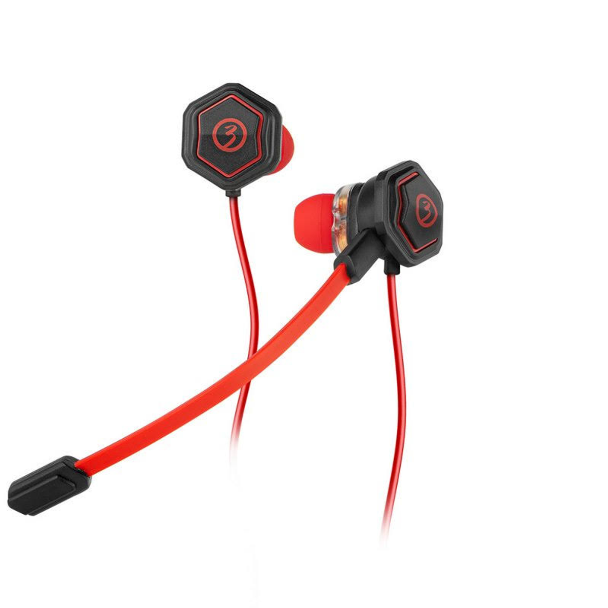 Cuffie in-ear rosse e nere con microfono su sfondo bianco.