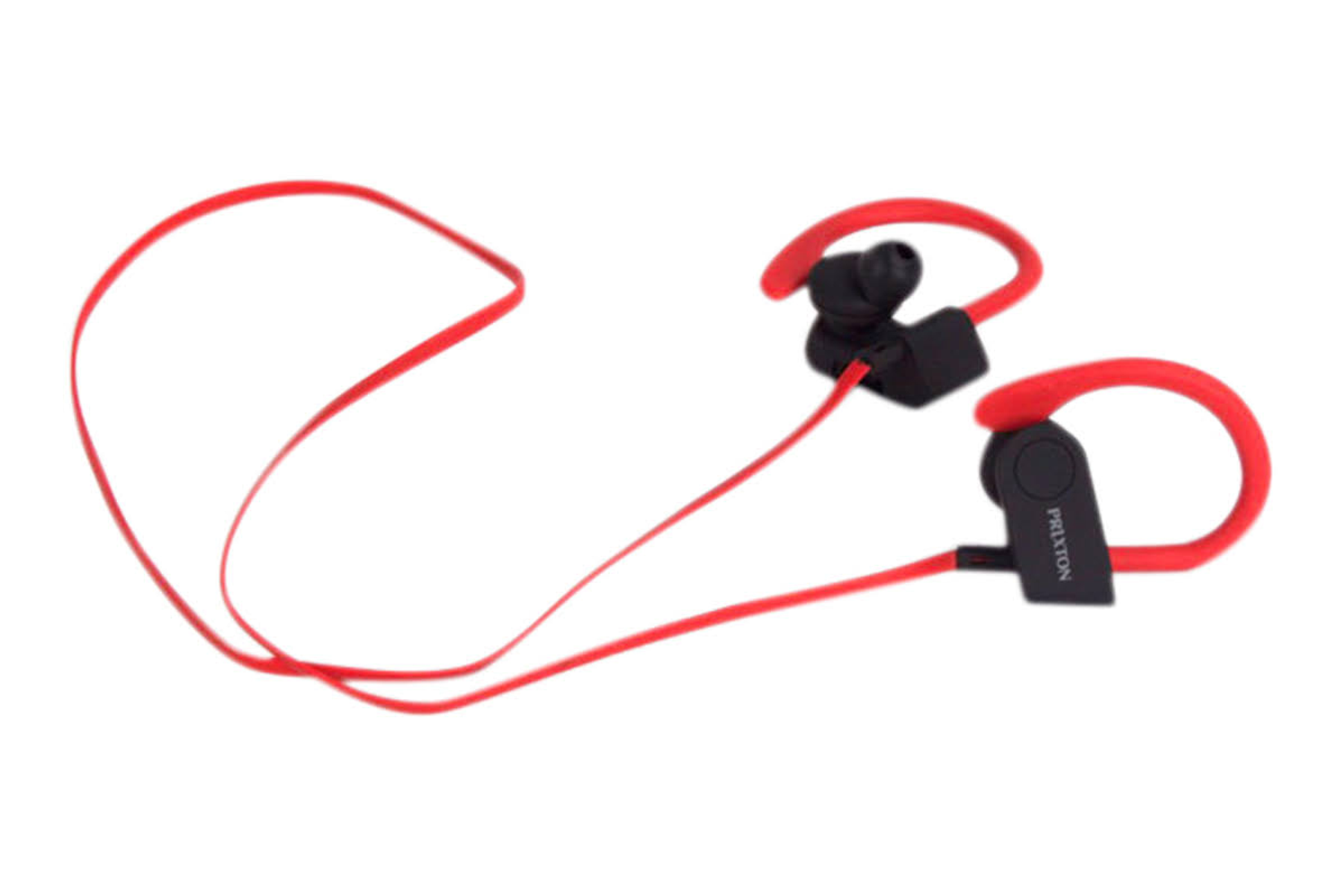 Rote und schwarze kabellose Ohrhörer mit rotem Kabel. Der Hintergrund ist weiß.