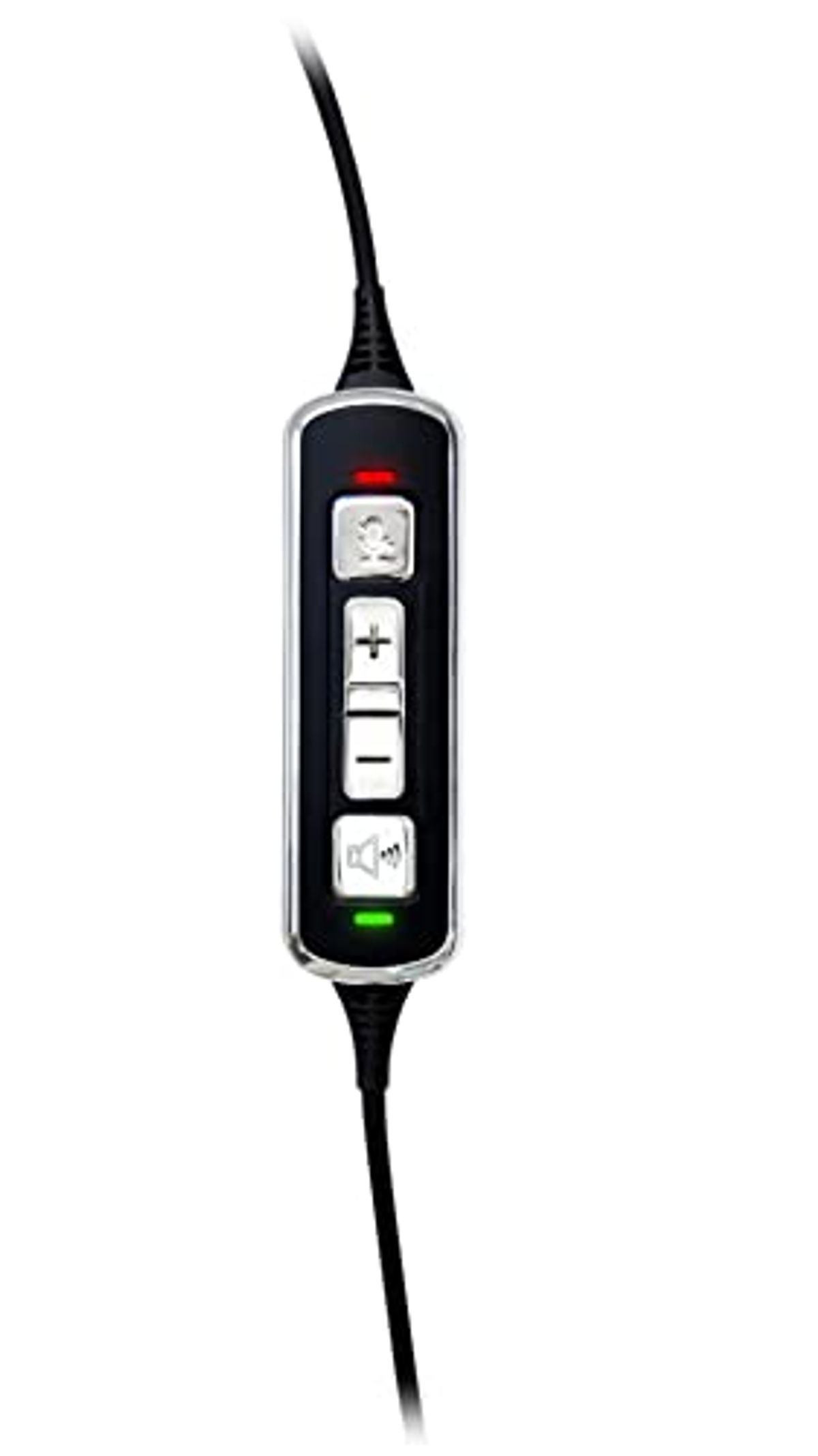 Zbliżenie czarnego panelu sterowania zestawu słuchawkowego z przyciskami: wycisz, głośność w górę/w dół i mikrofon. Czerwone i zielone światła.