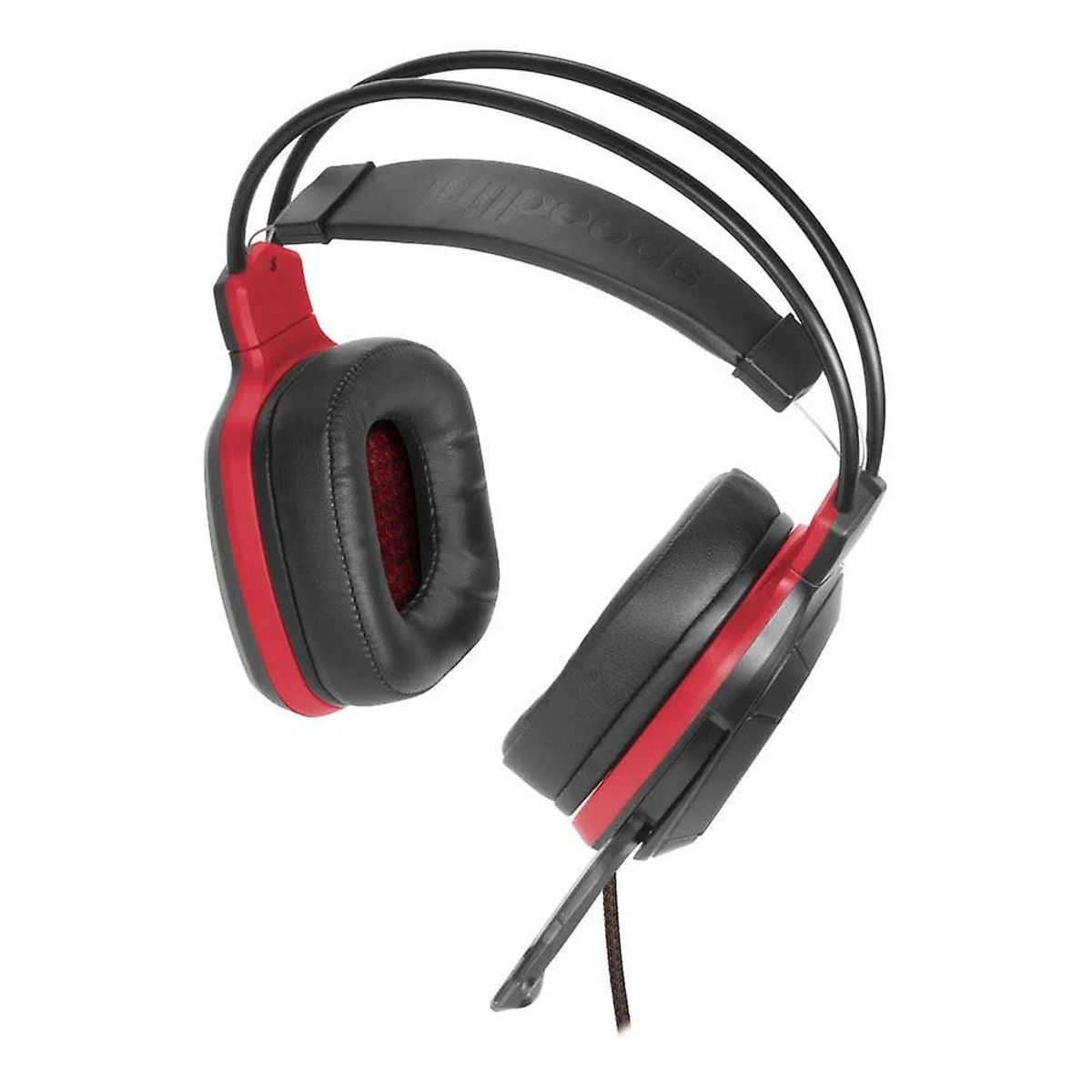Czerwono-czarny zestaw słuchawkowy dla graczy z mikrofonem, pod kątem na białym tle.