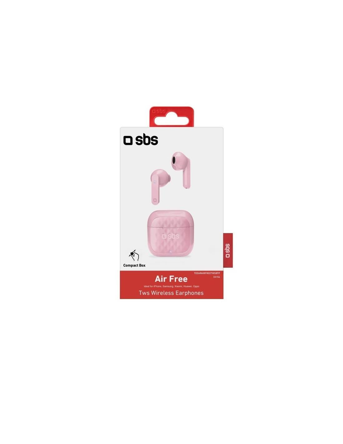 Auricolari rosa in una scatola. La scatola ha il marchio "sbs" e il testo "Air Free TWS Wireless Earphones".