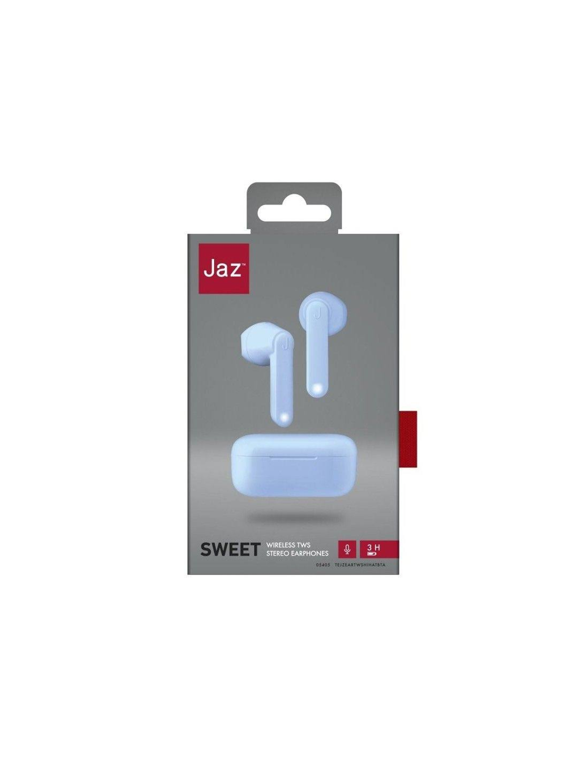 Jasnoniebieskie słuchawki w pudełku. Marka to Jaz. Pudełko pokazuje słuchawki i etui ładujące.