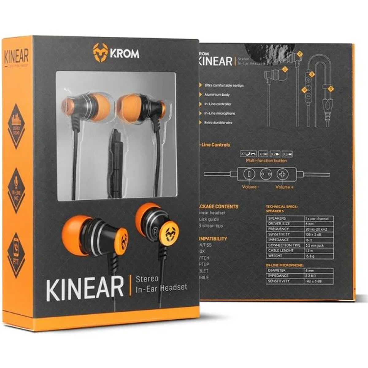 Kopfhörer in einer Box. Die Box ist orange und schwarz. Die Kopfhörer sind schwarz und orange.