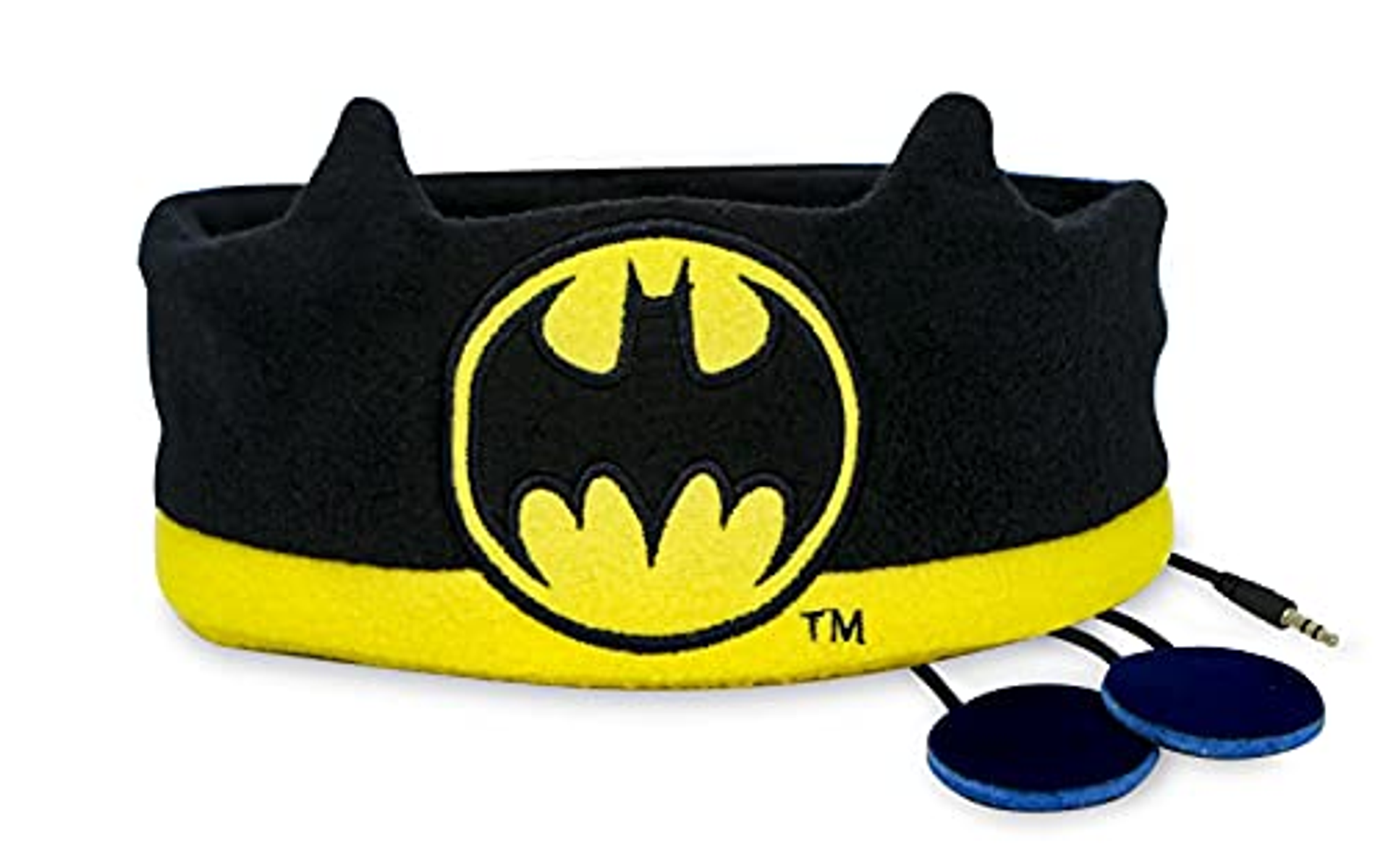 Cuffie a tema Batman con design nero e giallo e auricolari blu. Il logo di Batman è visibile.