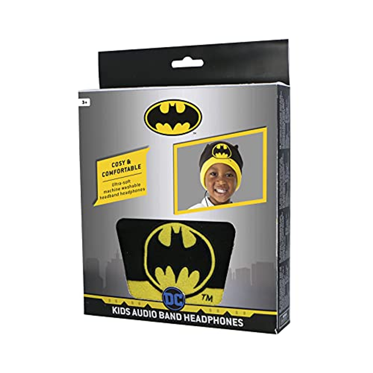 Una scatola di cuffie con archetto audio per bambini a tema Batman con l'immagine di un bambino.
