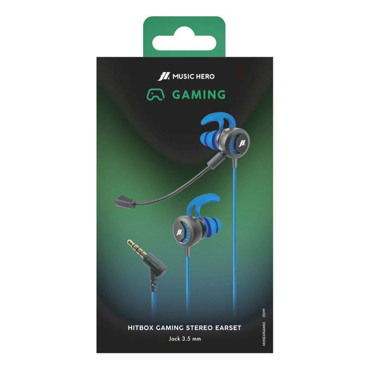 Auriculares para juegos en su embalaje. Los auriculares son negros y azules. El embalaje es verde y negro.