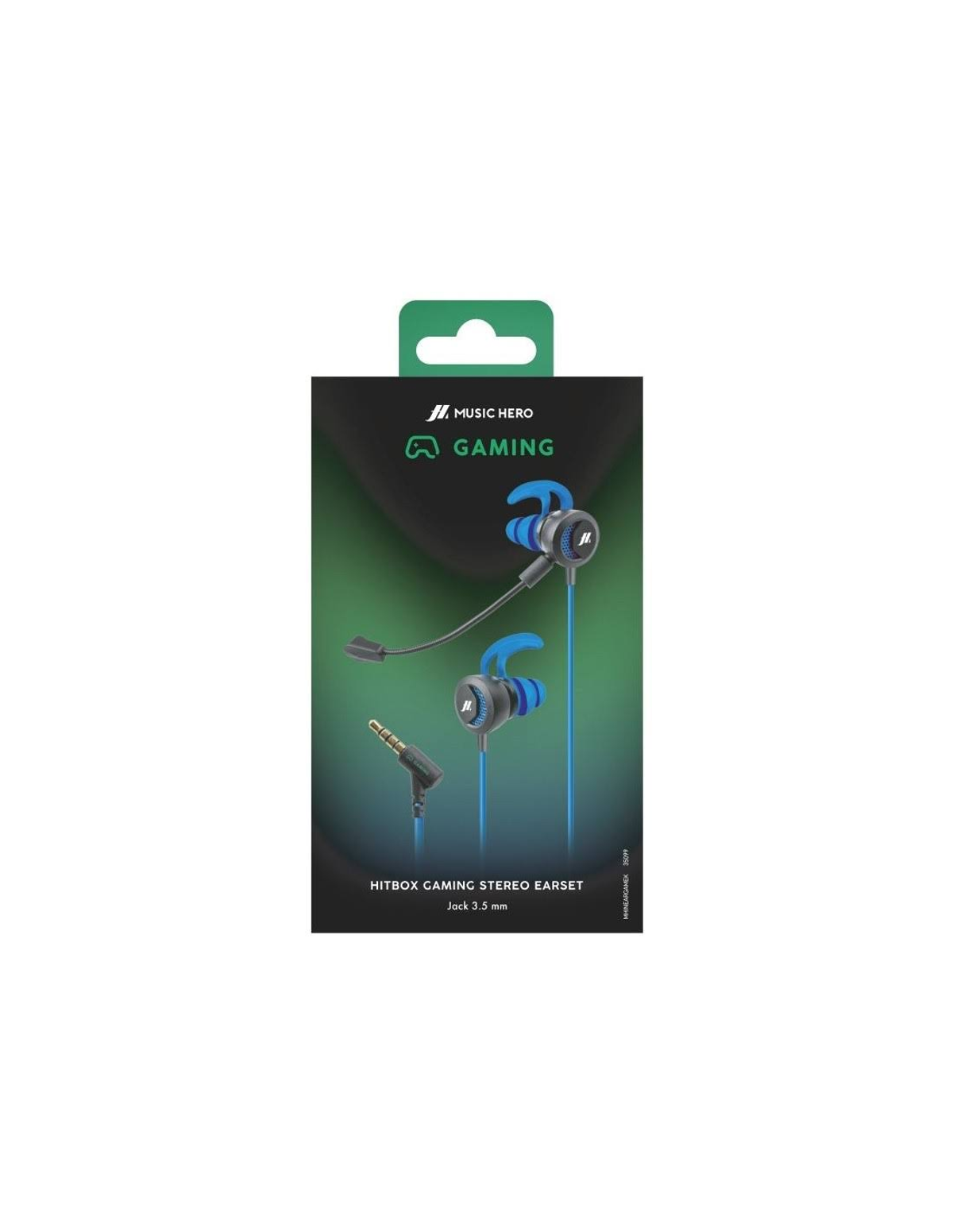 Auriculares gaming en caja, diseño azul y negro, con micrófono, primer plano.