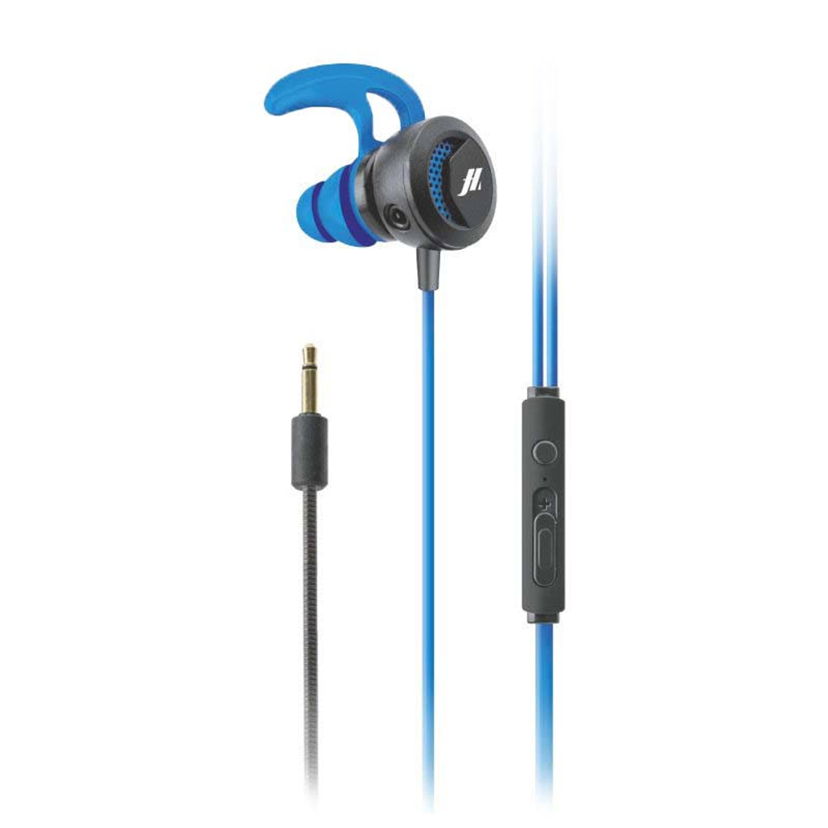 Auriculares azules y negros con conector de 3,5 mm. Los auriculares tienen un diseño intrauditivo y control de volumen.