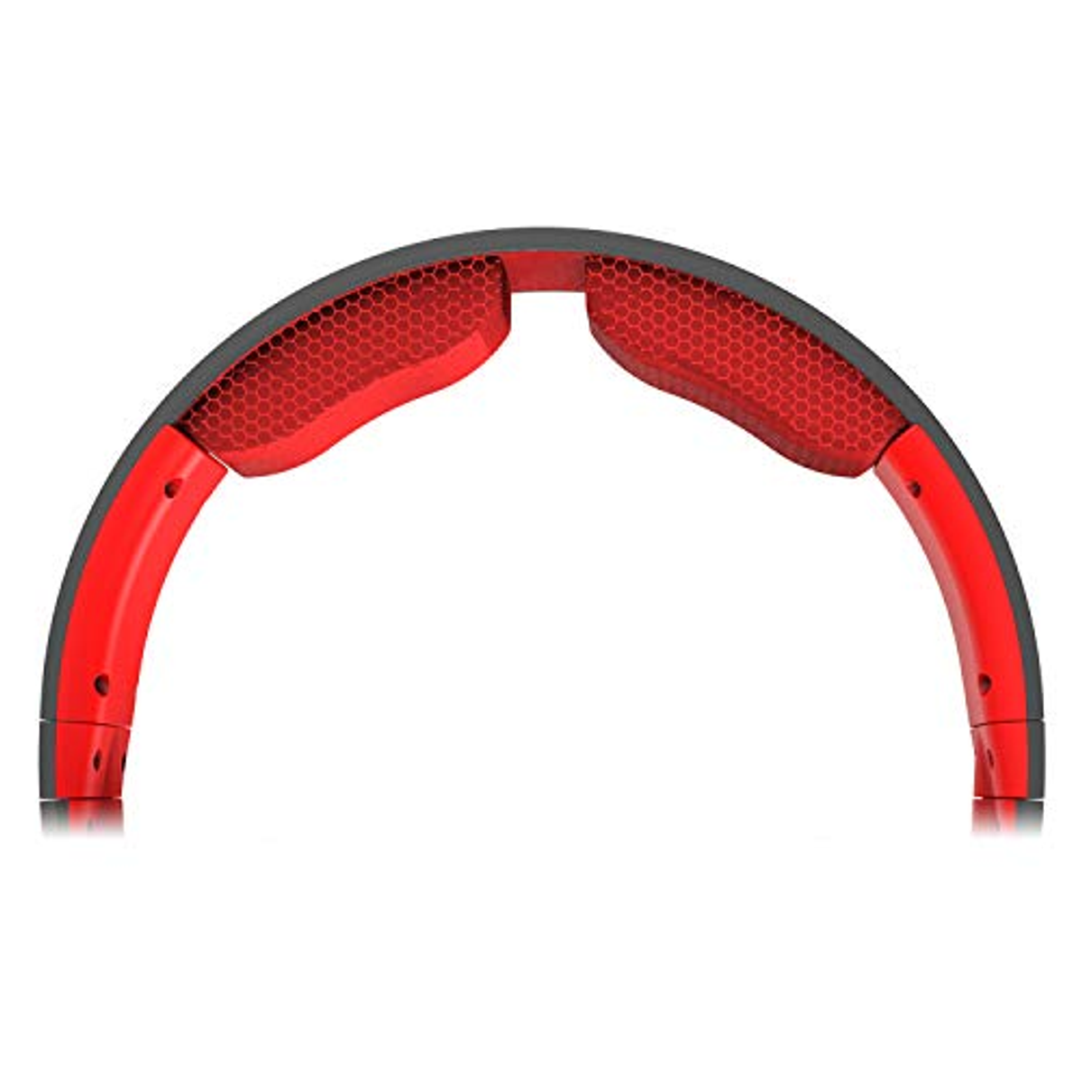 Czerwono-czarny pałąk słuchawek. Pałąk ma czerwoną, plaster miodu wyściółkę na górze.