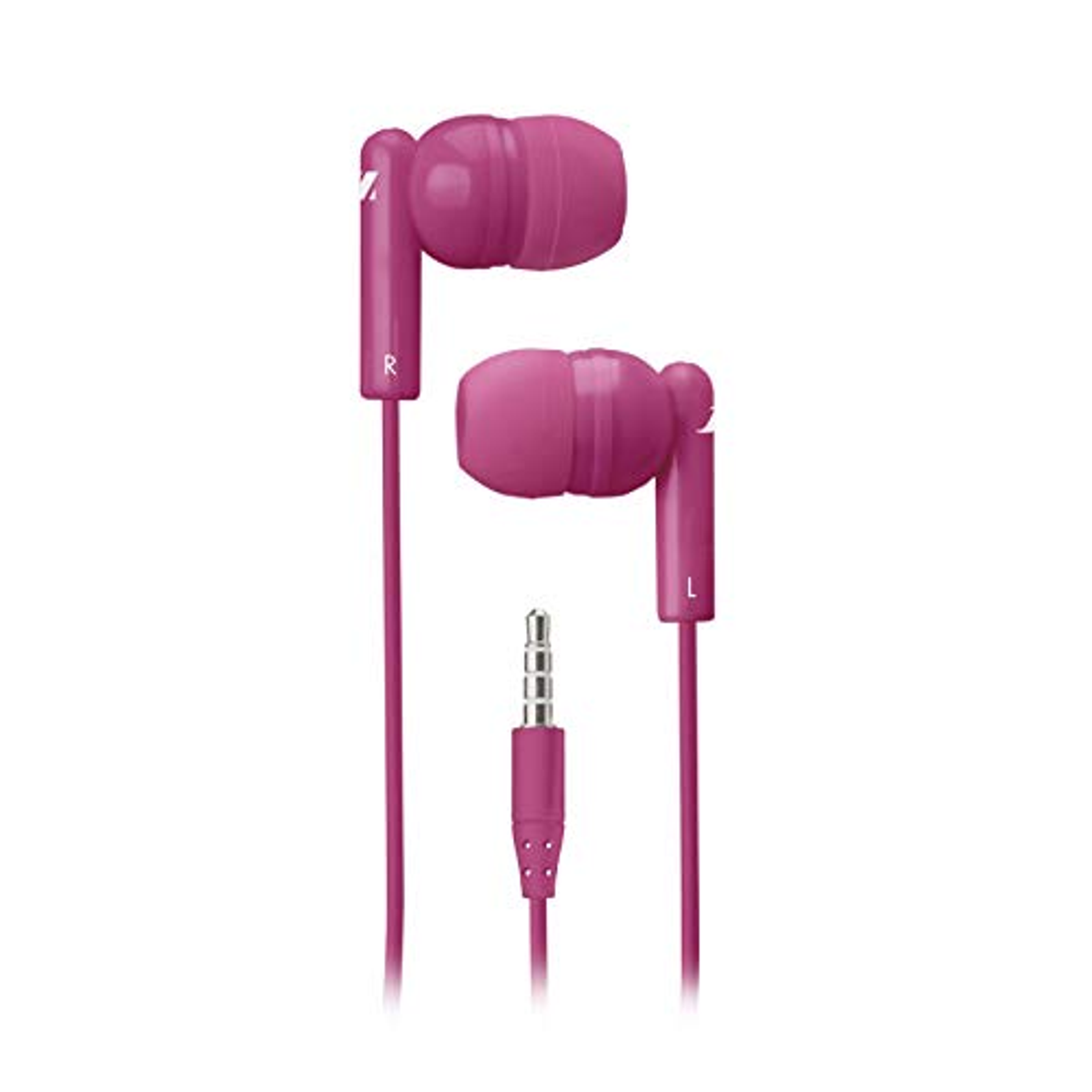 Pink earbuds with a 3.5mm jack. The earbuds have an "R" and "L" label.