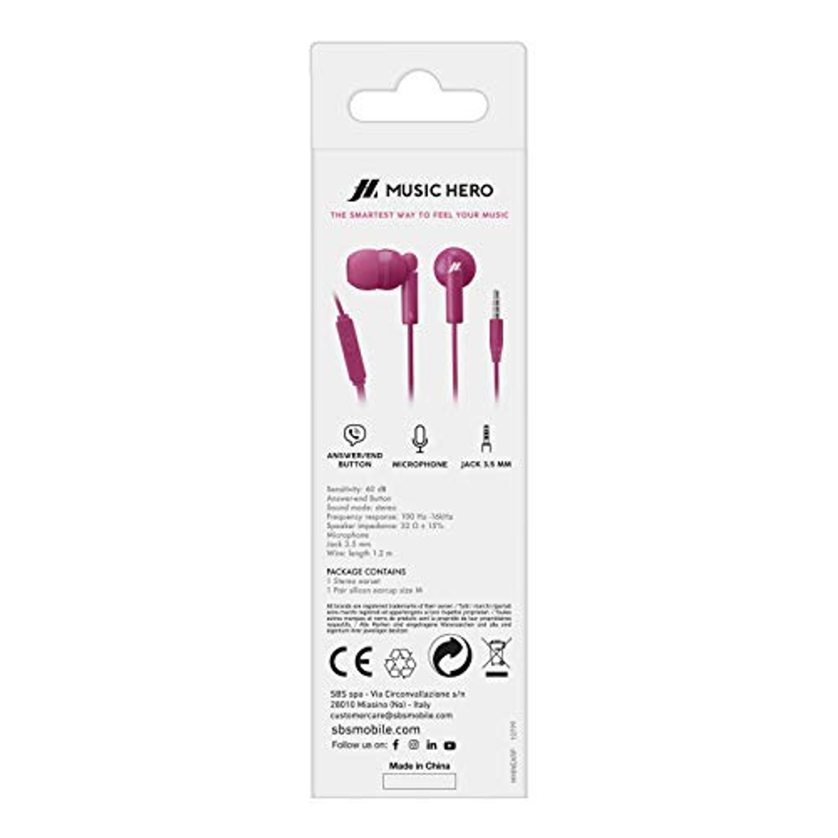 Earphones packaging. The package has a pink earphone diagram, with text and specifications.
