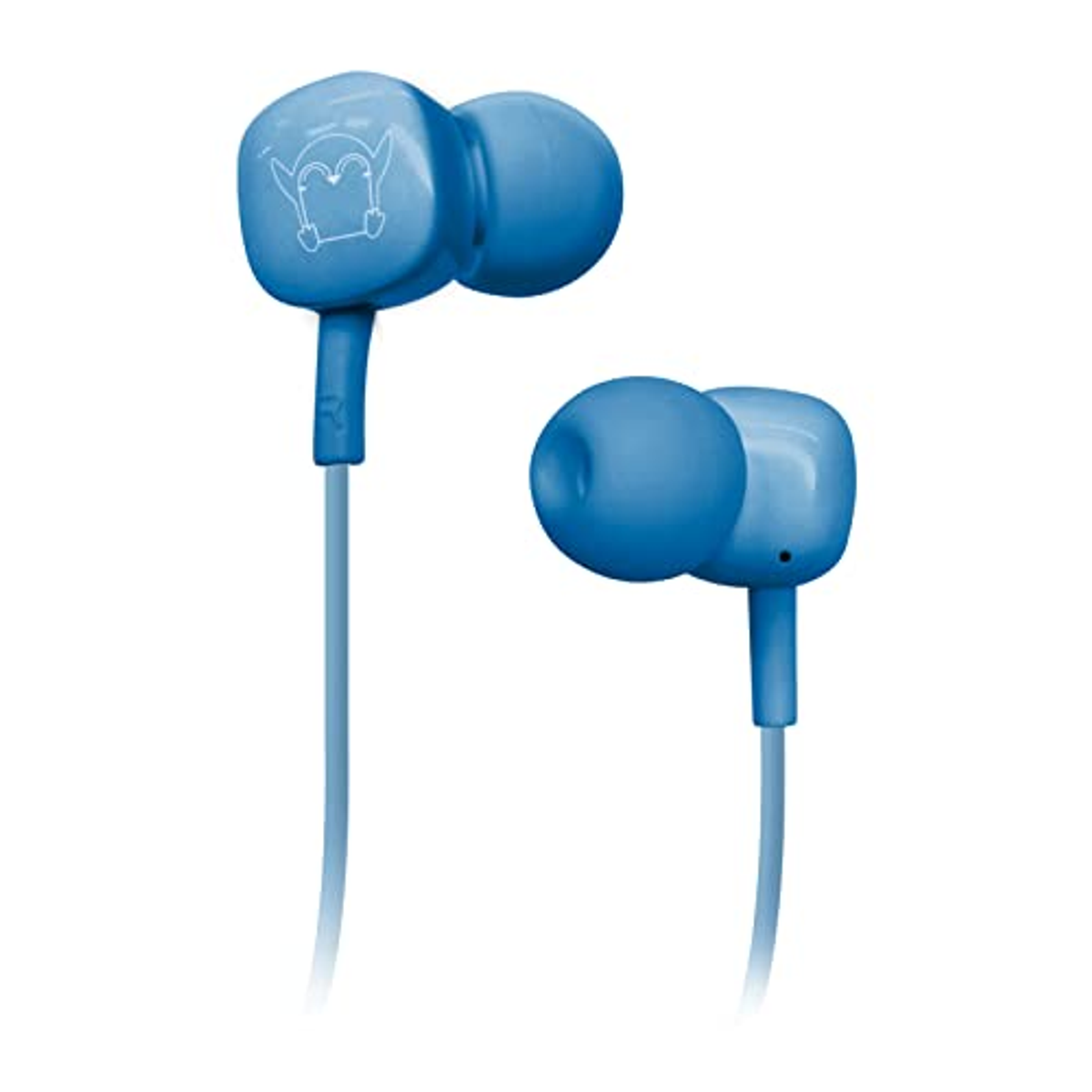 Auriculares intrauditivos azules con un pingüino de dibujos animados. Los cables y auriculares son azules.