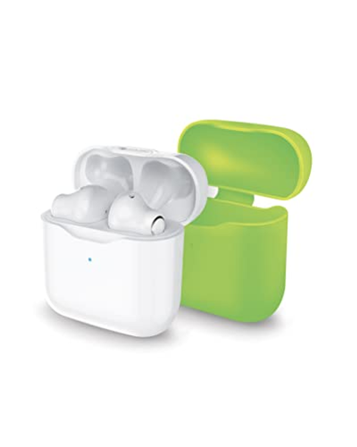 Auricolari bianchi in un astuccio bianco aperto. Custodia verde aperta nelle vicinanze. Tutto su sfondo bianco.