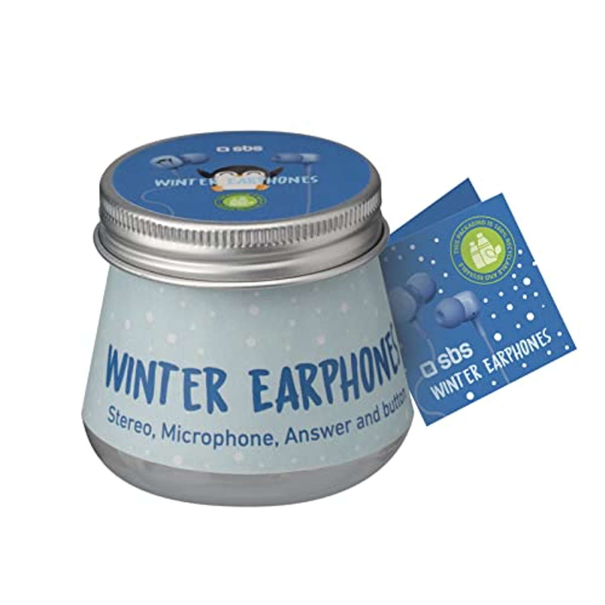 Auriculares en un tarro con una etiqueta que dice 'Winter Earphones'.