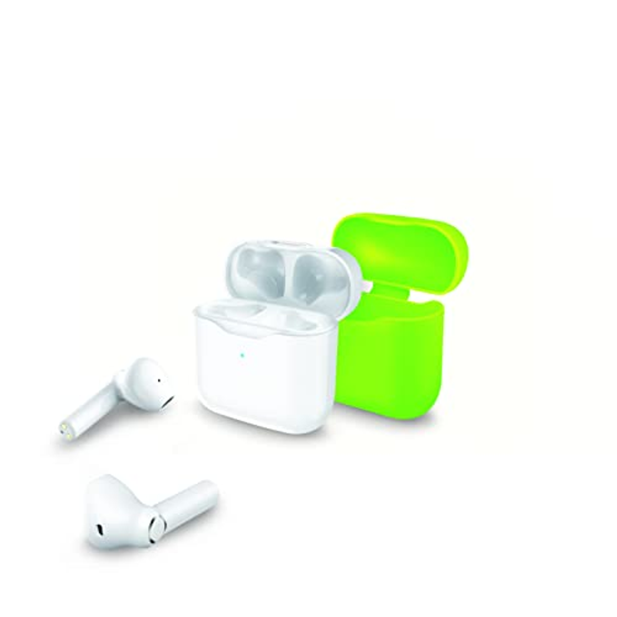 Auricolari bianchi con custodia di ricarica e coperchio verde. Lo sfondo è bianco.
