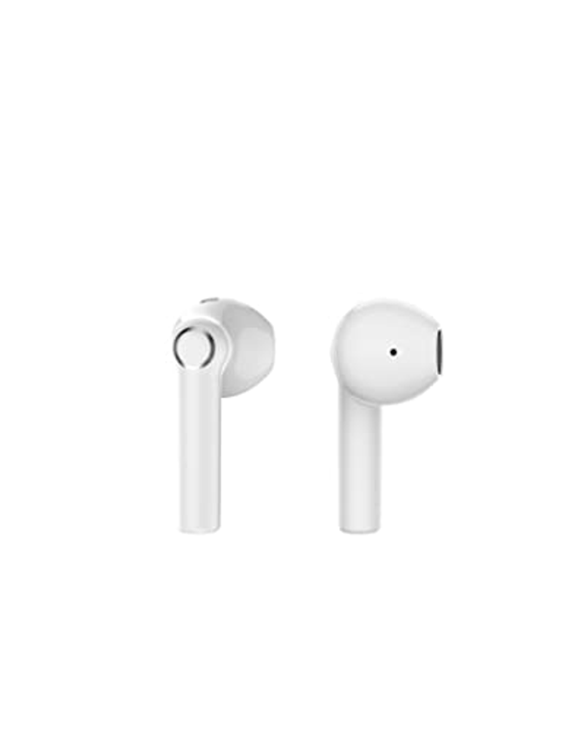 Auricolari wireless bianchi su sfondo bianco. Uno è dritto, l'altro inclinato. Entrambi hanno steli.
